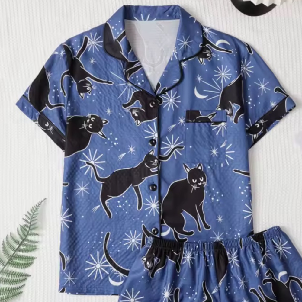Blue black Cat graphic Print short sleeve lapel pajama Top Medium